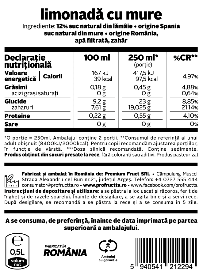 Limonada cu mure si aronia Profructta 0.5 L - imagine 2